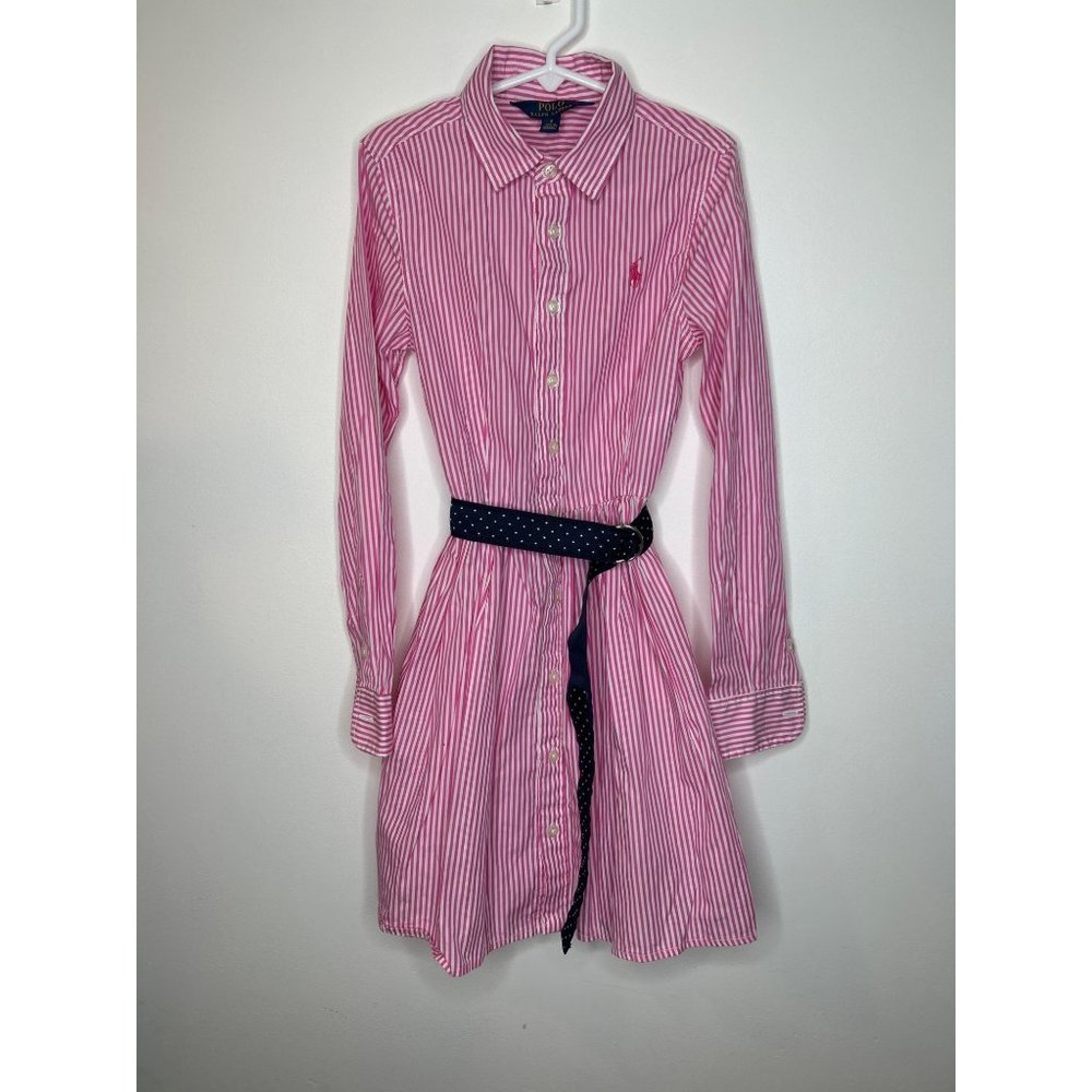 Polo Ralph Lauren Girls Pink & White Striped Long Sleeve Shirt Dress Sz 12